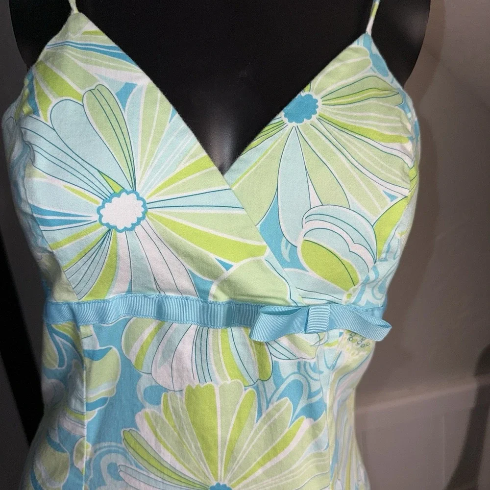 B.Smart A-Line Mini SunDress Empire Waist Fit&Flare Aqua,Lime Floral 11/12 '70's